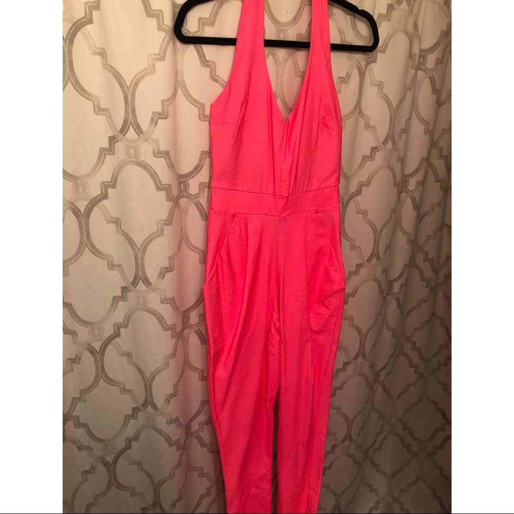 💗🌸NWOT🌸💗 Neon pink halter jumpsuit - Picture 2 of 4